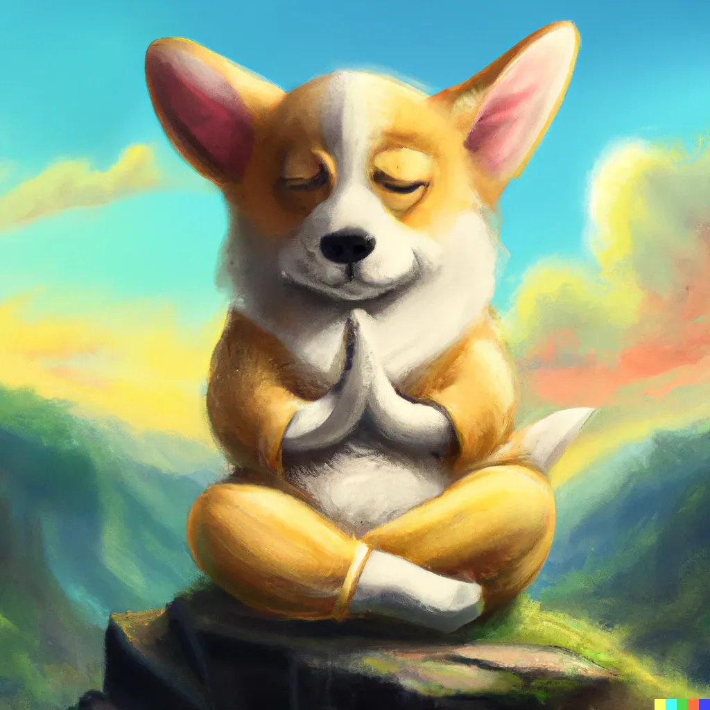 Wise corgi meditating on a mountain