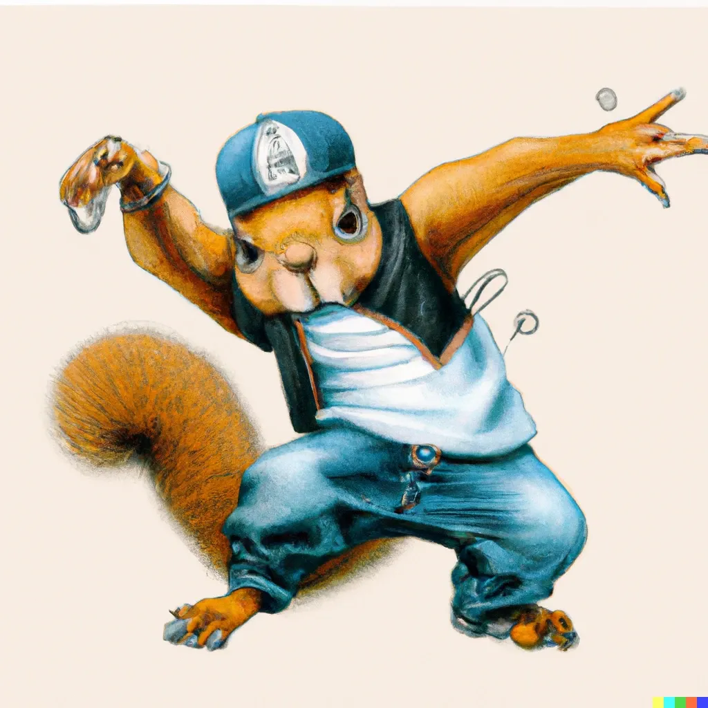 a squirrel in hip hop clothes break dancing, digital art