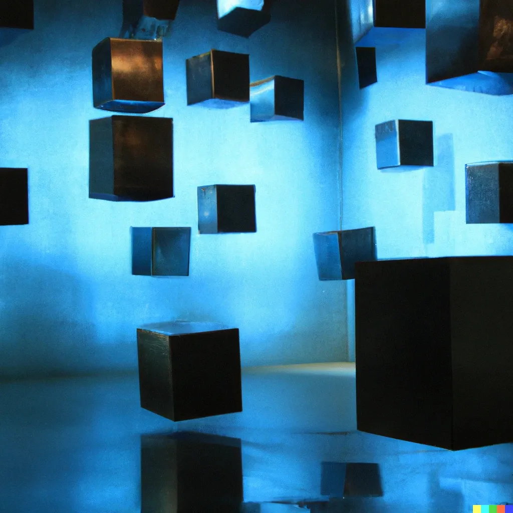 falling metal cubes in a dimly lit blue room with reflective floor