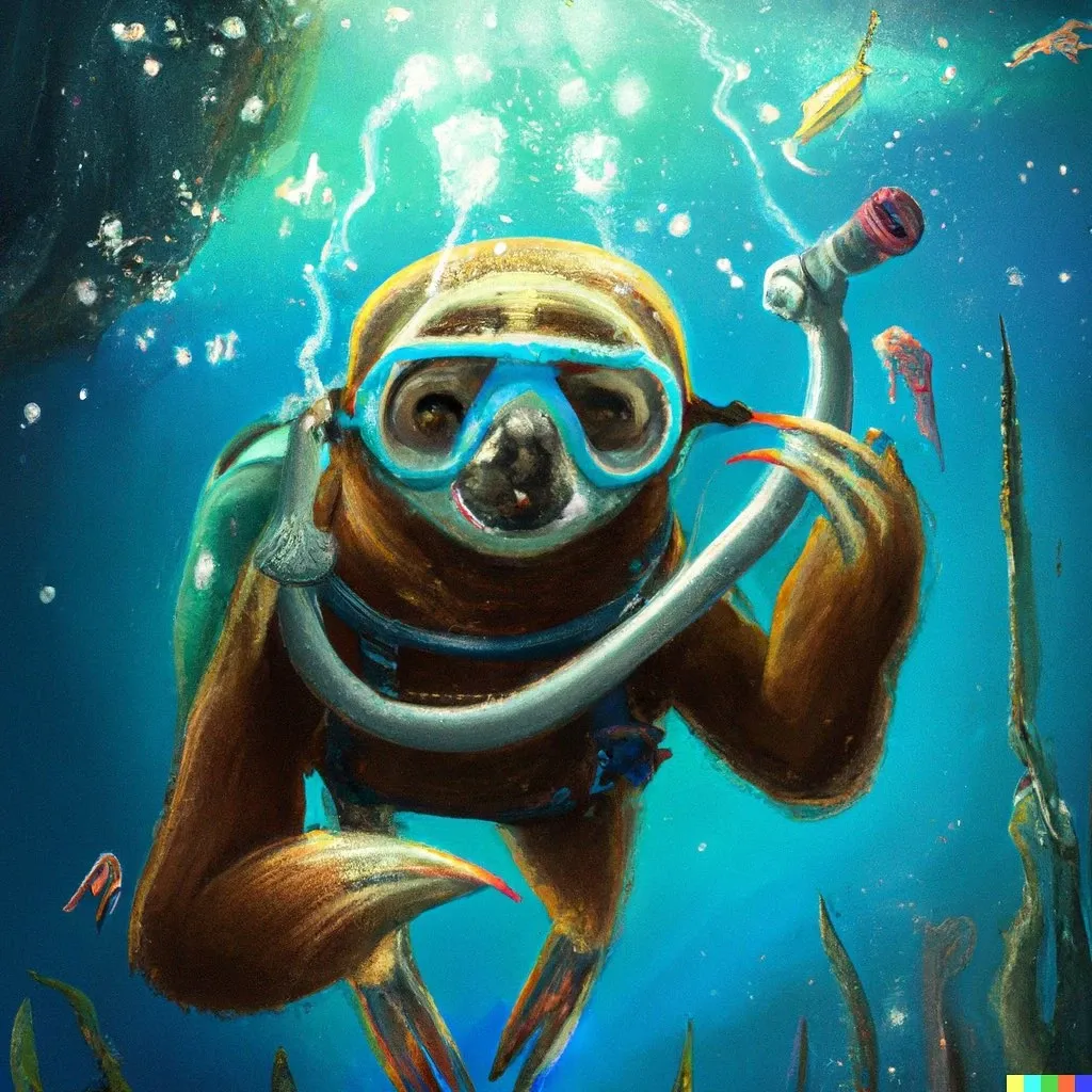 “A photo of a sloth in a scuba diving mask exploring the wonders under the sea, digital art” 