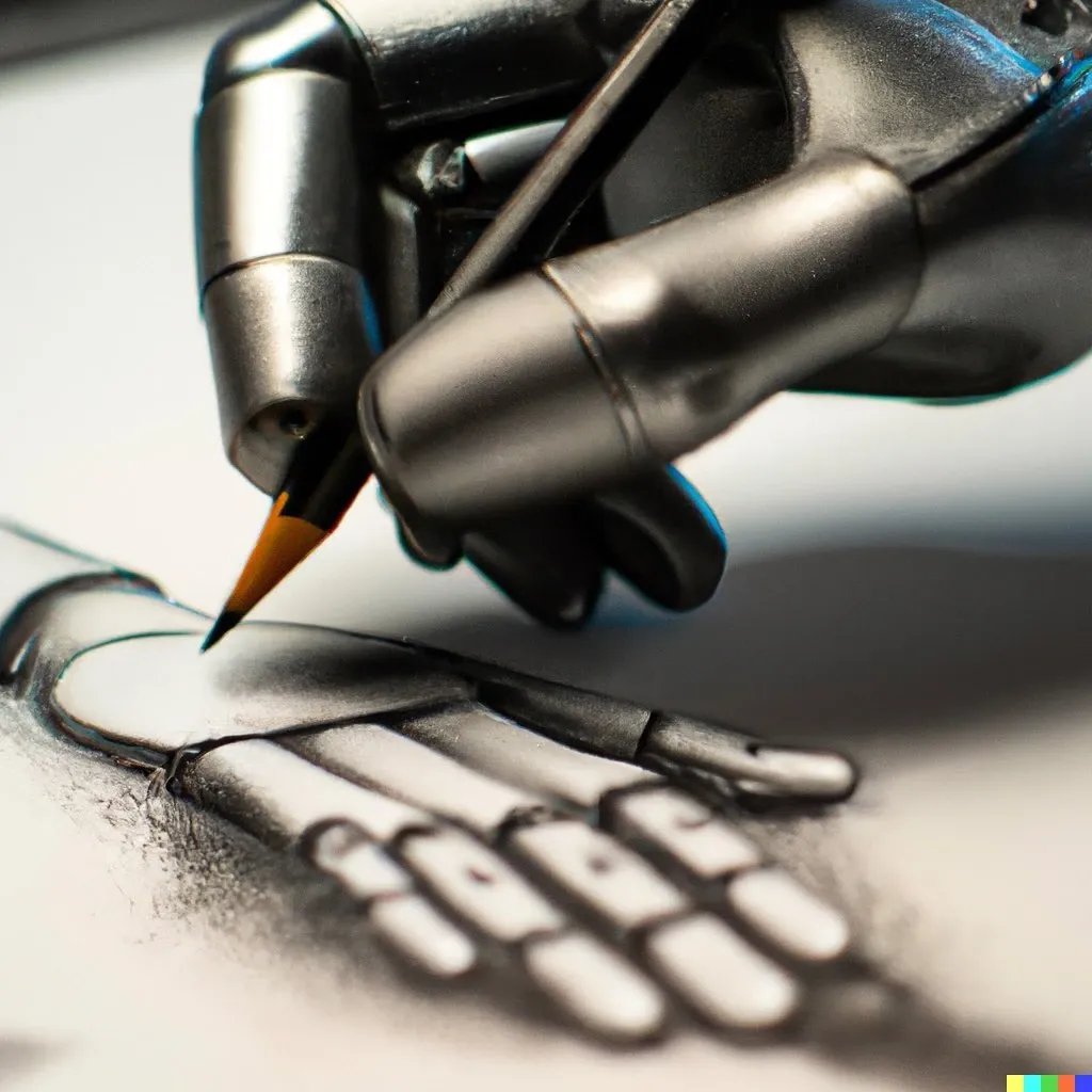 “A photo of a robot hand drawing, digital art”